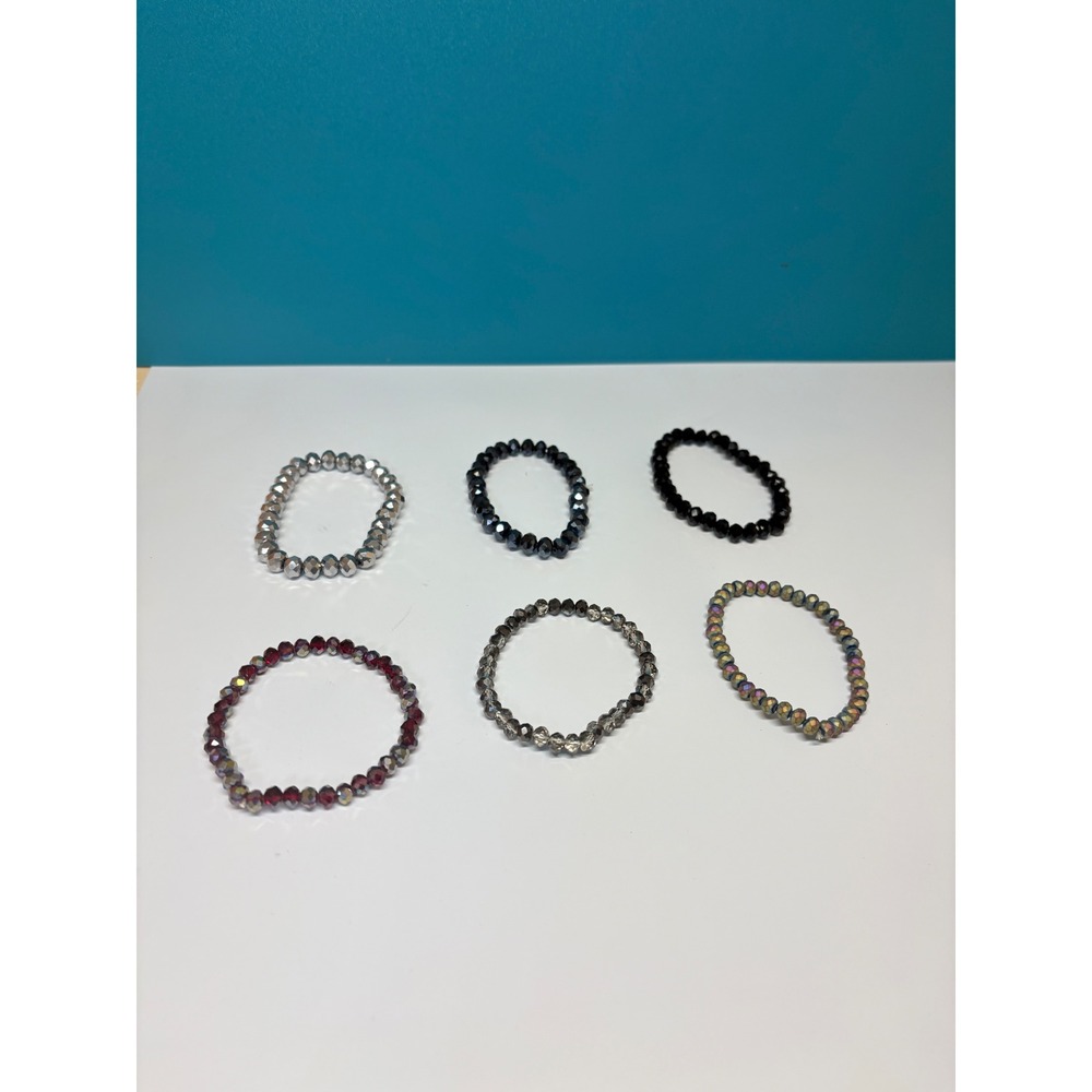 Lot 6 Faceted Glass Bead Stretch Bracelets Metallic Iridescent Black Red Silver‎